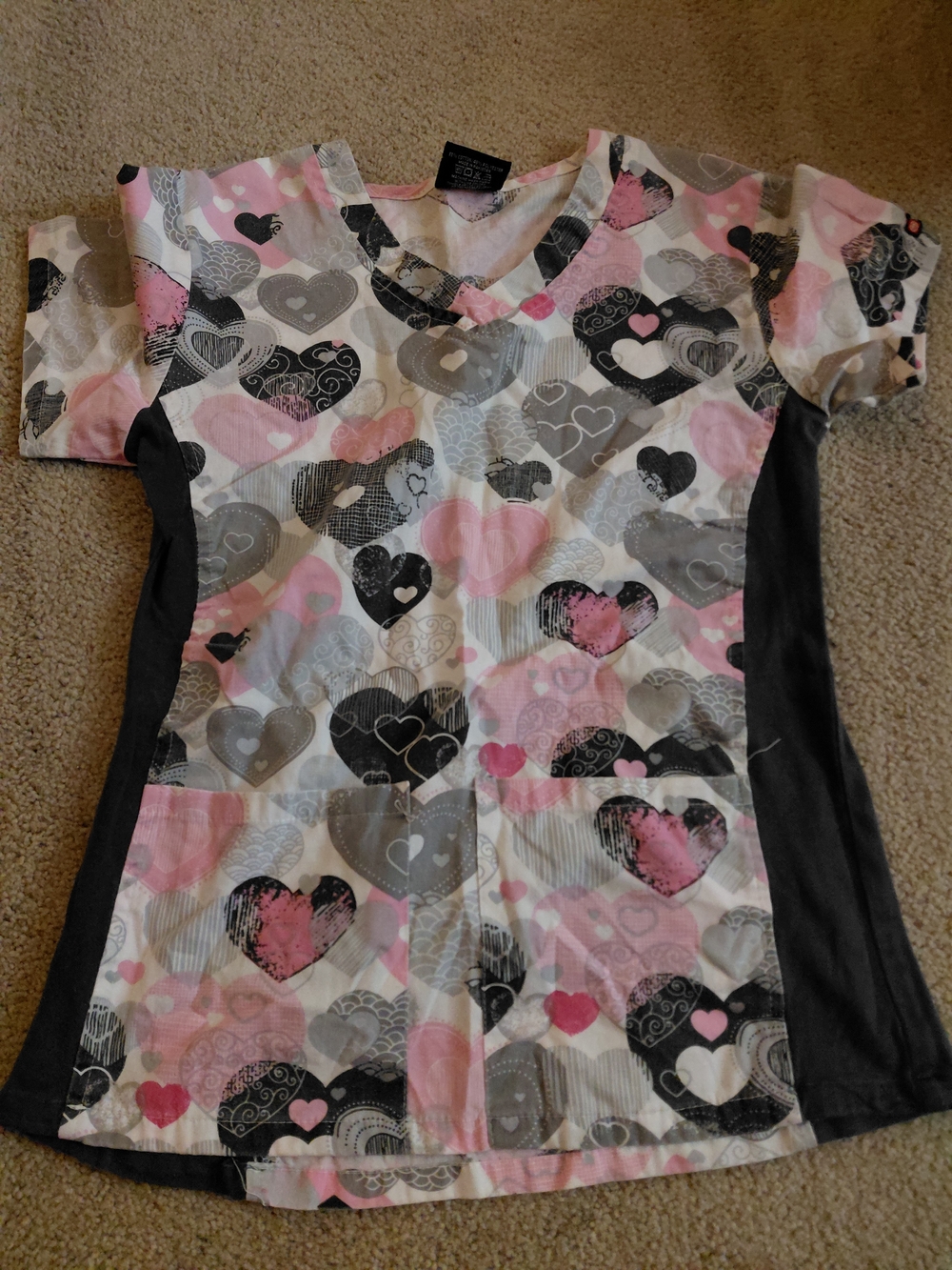 Ecko Unltd. Pink, Gray & Black Heart-Pattern Scrub Top